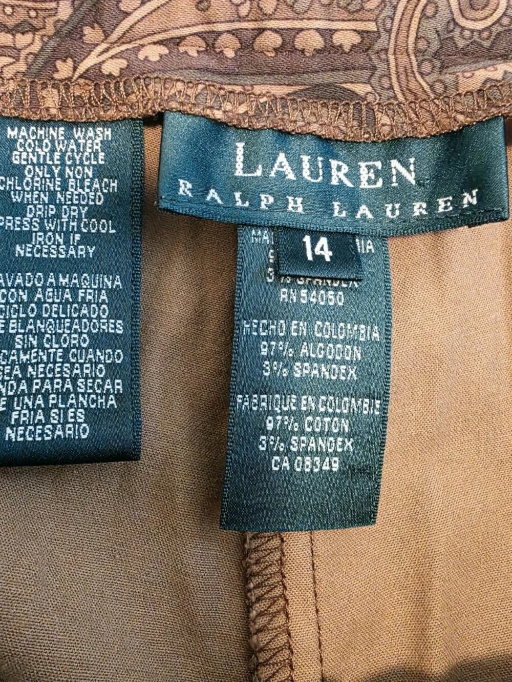 Lauren Ralph Lauren Paisley Brown Cotton Blend Chinos Pants Trousers Size 14
